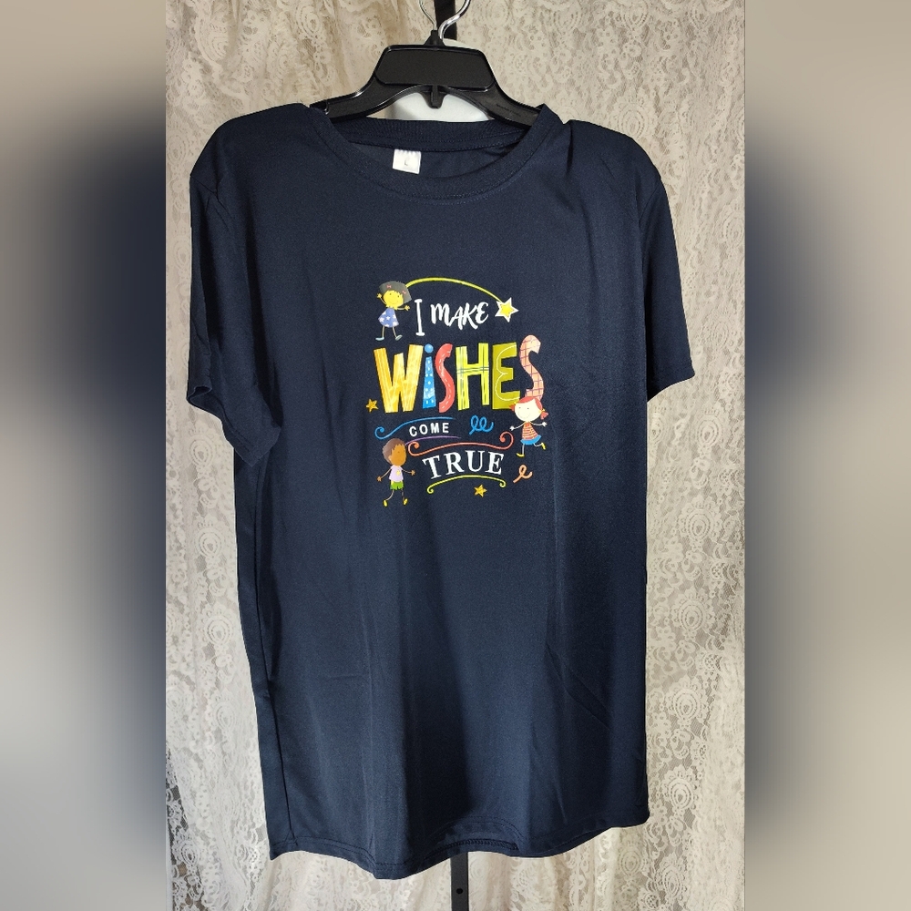 Blue and Black "Wishes" Tee with Vibrant Graphic. NWOT